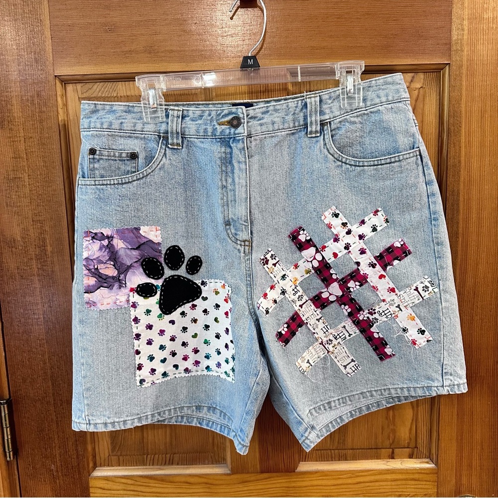 Denim shorts, embellished dog/puppy designs with paw print, size 14, OOAK